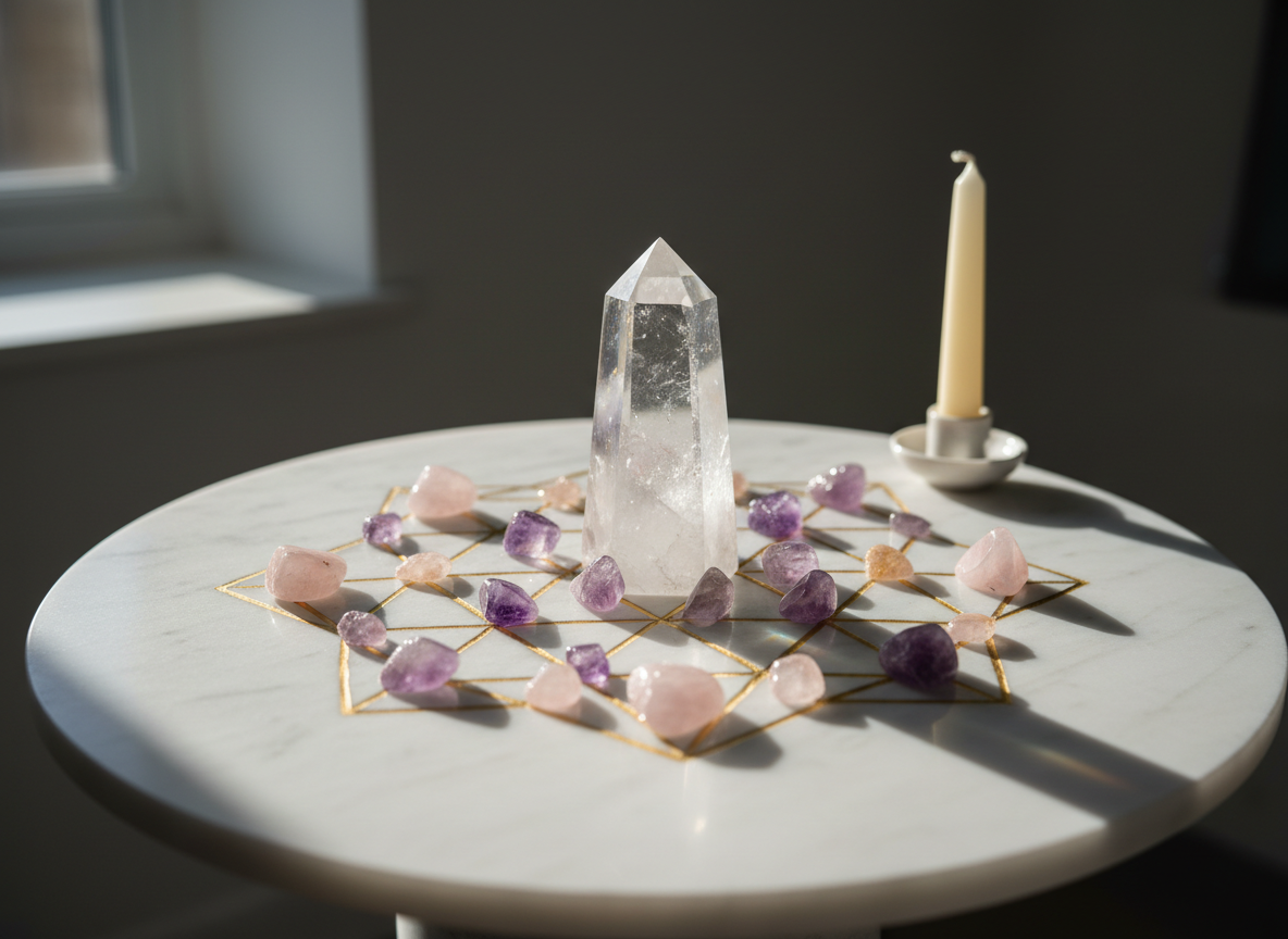 A meticulously arranged crystal grid for manifestation on a round white marble altar, featuring a large clear quartz point at the center surrounded by rose quartz, amethyst, and citrine tumble stones in a precise geometric pattern. The grid is traced in fine gold ink on the marble surface, with a single ivory beeswax candle unlit at the edge. Soft morning sunlight streams in from the left through an unseen window, creating gentle reflections and tiny rainbows in the crystals. Photographed from a slightly elevated angle with shallow depth of field, the foreground stones are crisp while the background softly blurs. The mood is serene, sophisticated, and contemplative, with photographic realism and a clean, modern aesthetic suitable for an educational homepage hero image.