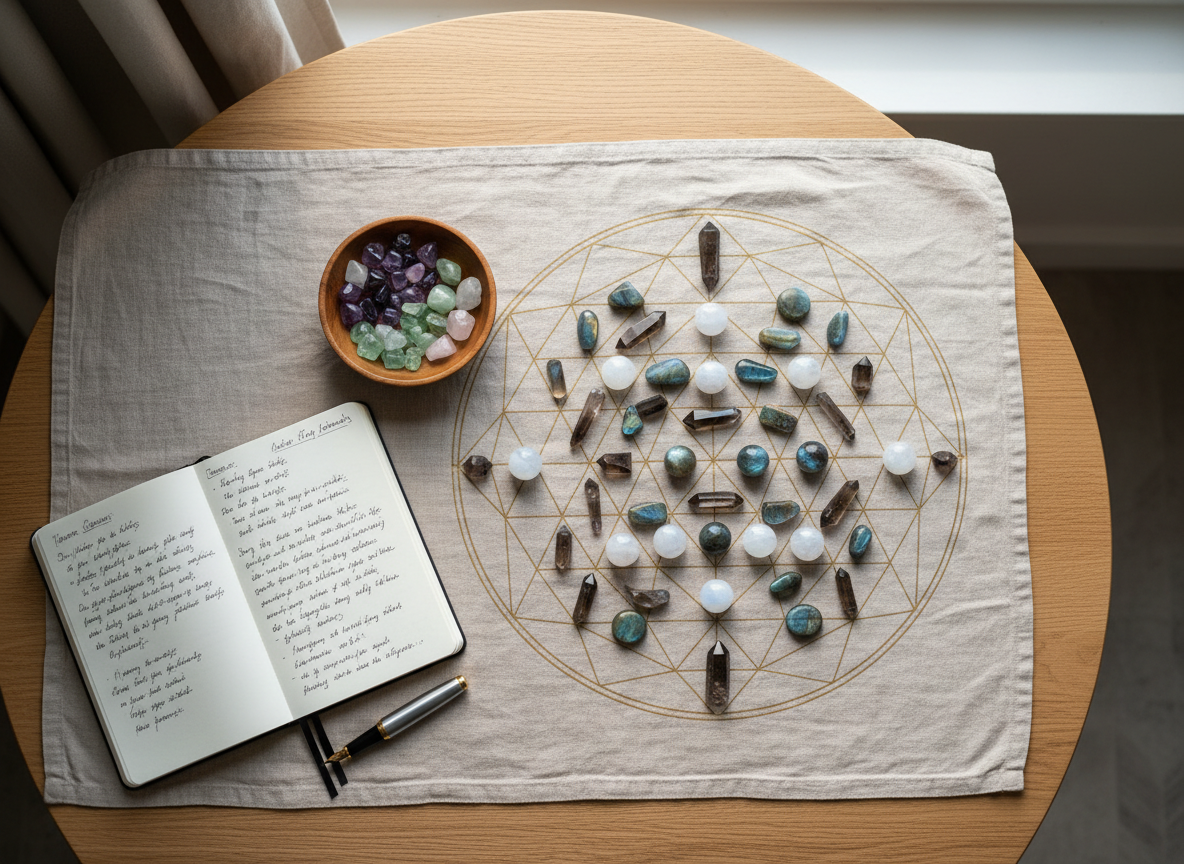 An overhead photographic view of a sacred workspace for learning crystal grids, showing a smooth, pale oak table with a linen cloth in muted sand tones. On the cloth lies a printed crystal grid template in subtle gold lines, partially populated with polished moonstone, labradorite, and smoky quartz. Beside it rest an open, handwritten notebook, a fountain pen, and a small bowl holding unsorted crystals organized by color. Diffused midday light from above and slightly to the right creates soft, even illumination with minimal shadows, emphasizing clarity and order. The atmosphere feels calm, studious, and refined, with neutral colors and a minimalist composition that leaves generous negative space for text overlays, rendered in elegant photographic realism.