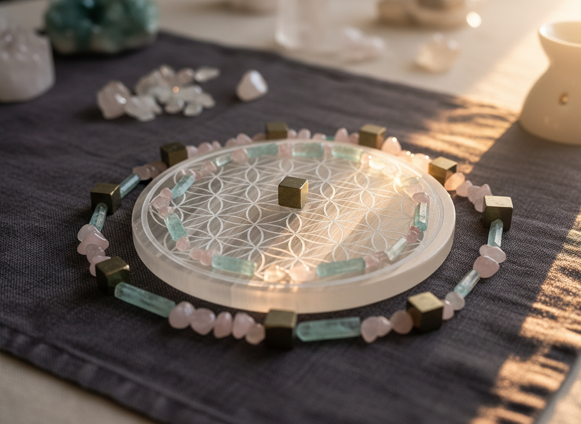 A close-up, photographic realism shot of a single, intricately carved selenite plate etched with a geometric flower-of-life grid, placed on a dark charcoal linen cloth. Carefully positioned around the plate are small, perfectly polished crystals—pyrite cubes, tiny aquamarine points, and delicate rose quartz chips—radiating outward in a precise formation. Warm golden hour light grazes the scene from the right, creating luminous highlights along the selenite’s silky striations and shimmering reflections on the pyrite. The background falls into a gentle bokeh, with only the suggestion of additional crystals and a ceramic incense holder. Composed with rule-of-thirds framing and a shallow depth of field, the mood is mystical yet sophisticated, inviting quiet focus and intention setting.